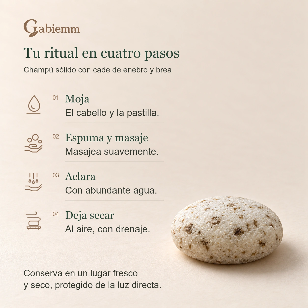 Guía visual del champú sólido Gabiemm Cade de enebro y brea: mojar cabello y pastilla, generar espuma y masajear suavemente, aclarar con abundante agua y dejar secar al aire con drenaje; pastilla de forma abombada y bordes redondeados.