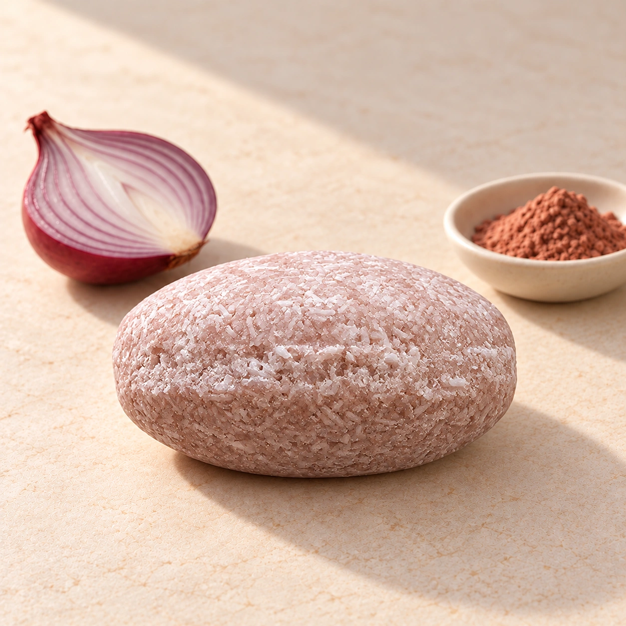 Composición conceptual del champú sólido de Gabiemm Cebolla roja y arcilla junto a cebolla roja y una representación de arcilla; pastilla de forma abombada y bordes redondeados.