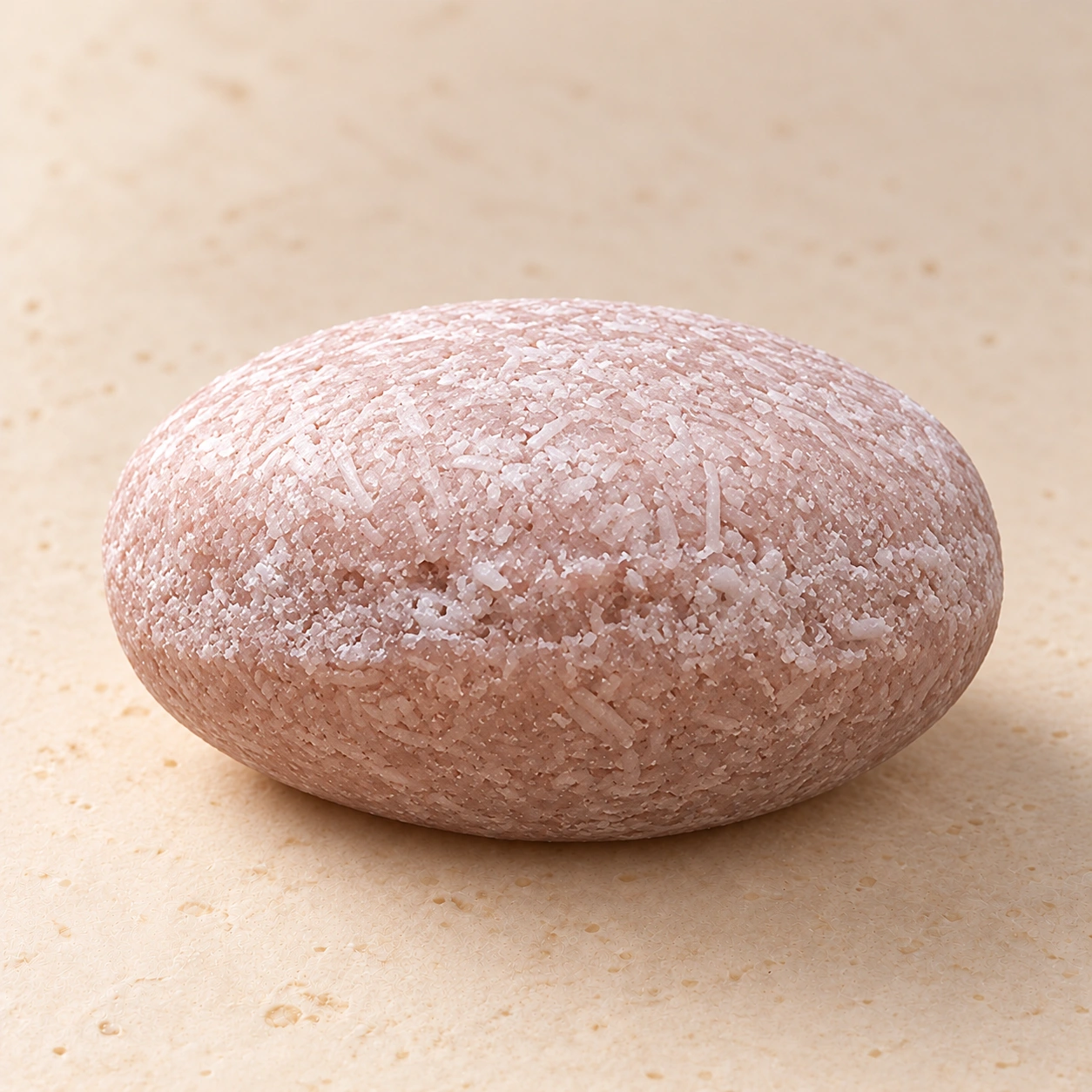 Champú sólido Gabiemm Cebolla roja y arcilla de 65 g, visto de perfil en tres cuartos para mostrar las dos caras abombadas, los bordes redondeados y la textura real de la pastilla.
