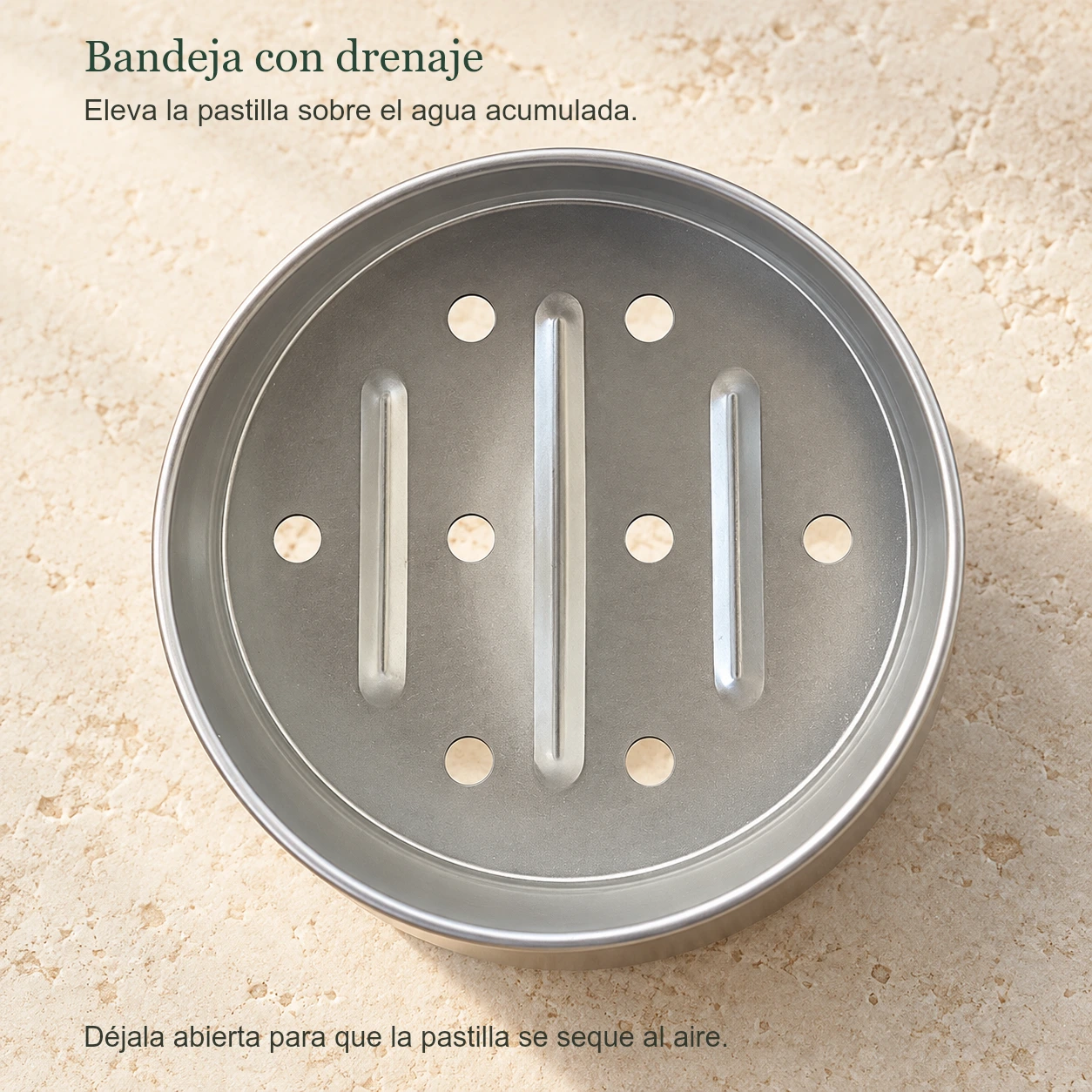Detalle conceptual de la bandeja interior de la lata Gabiemm con ocho orificios de drenaje y tres relieves de apoyo.