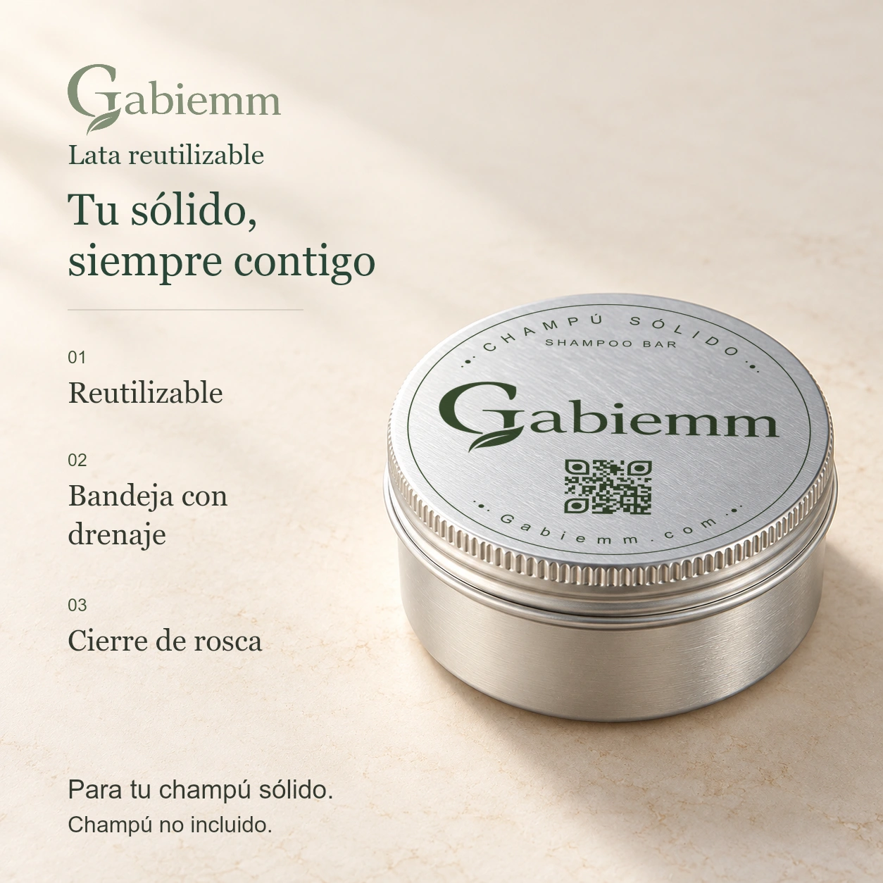 Lata definitiva de Gabiemm junto a los mensajes reutilizable, bandeja con drenaje y cierre de rosca.