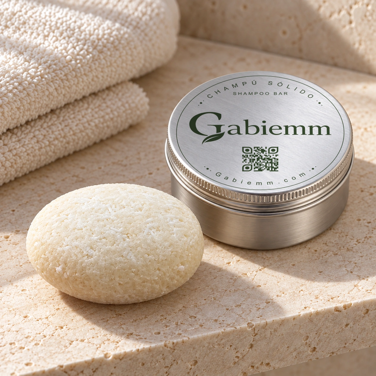 Composición digital del champú sólido de Gabiemm Levadura de cerveza junto a la lata definitiva sobre una repisa de baño; pastilla de forma abombada y bordes redondeados.